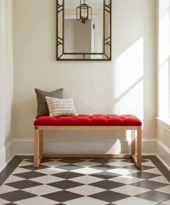 Red Velvet Tufted Wooden Bench 100x40cm - Natural Alder Frame