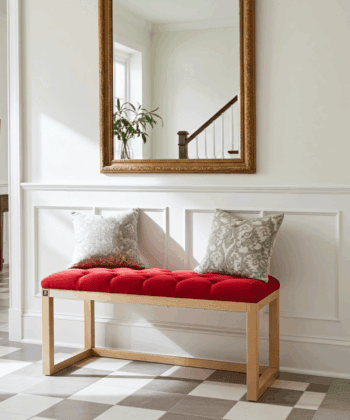 Red Velvet Tufted Wooden Bench 100x40cm - Natural Alder Frame