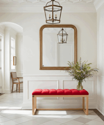 Red Velvet Tufted Wooden Bench 100x40cm - Natural Alder Frame