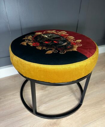 Round Burgundy Floral Ottoman 60cm - Black Metal Frame