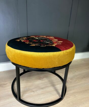 Round Burgundy Floral Ottoman 60cm - Black Metal Frame