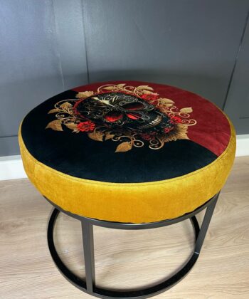 Round Burgundy Floral Ottoman 60cm - Black Metal Frame