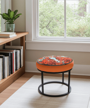 Round Orange Paisley Ottoman 60cm - Black Metal Frame