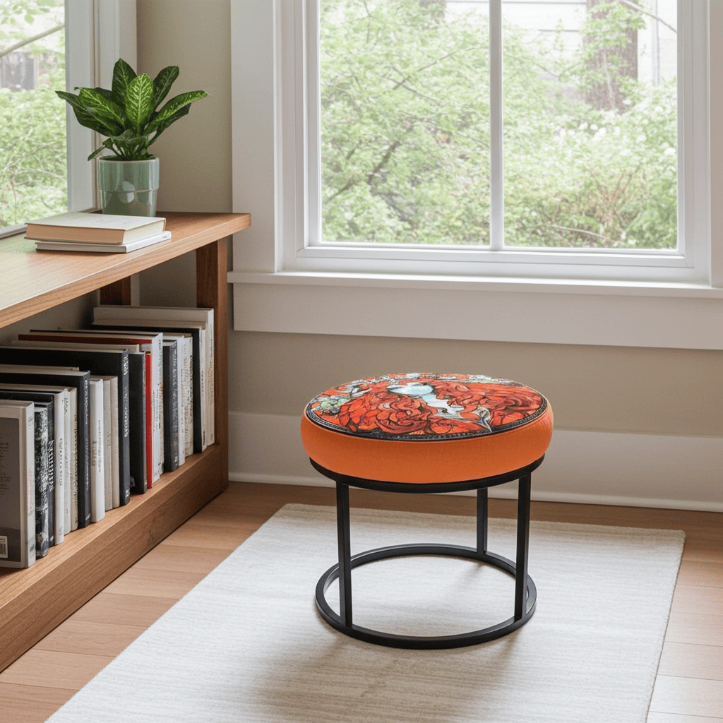 Round Orange Paisley Ottoman 60cm - Black Metal Frame
