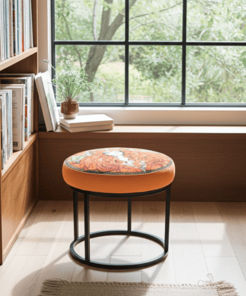 Round Orange Paisley Ottoman 60cm - Black Metal Frame
