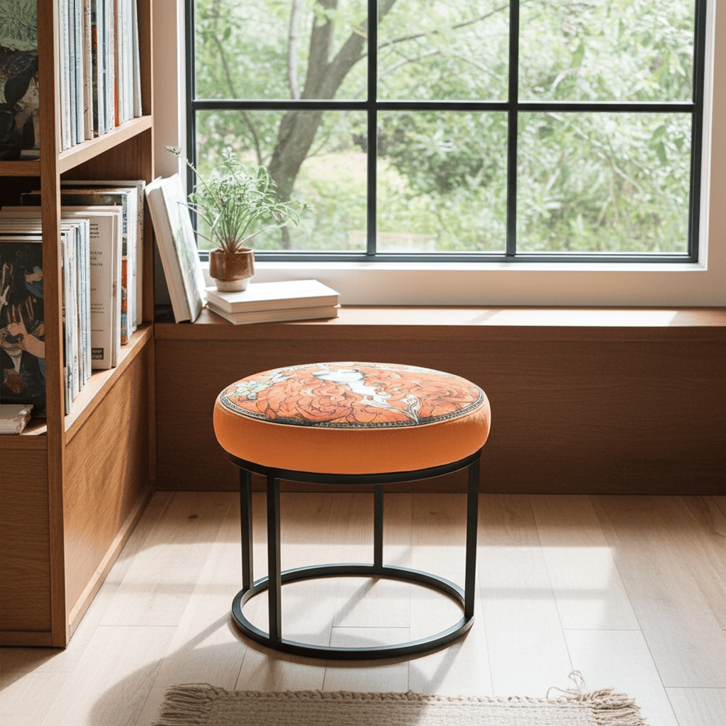 Round Orange Paisley Ottoman 60cm - Black Metal Frame