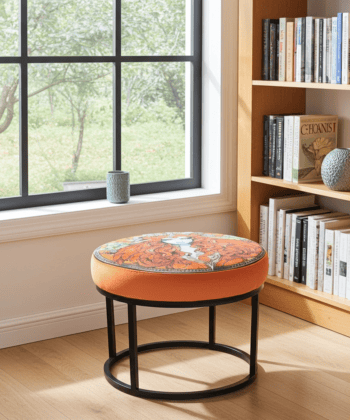 Round Orange Paisley Ottoman 60cm - Black Metal Frame