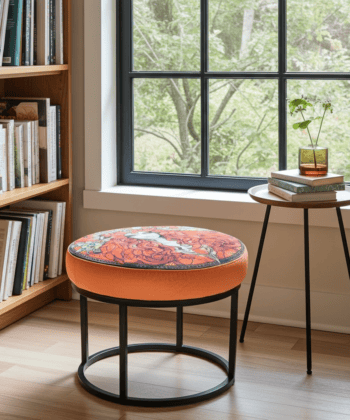 Round Orange Paisley Ottoman 60cm - Black Metal Frame