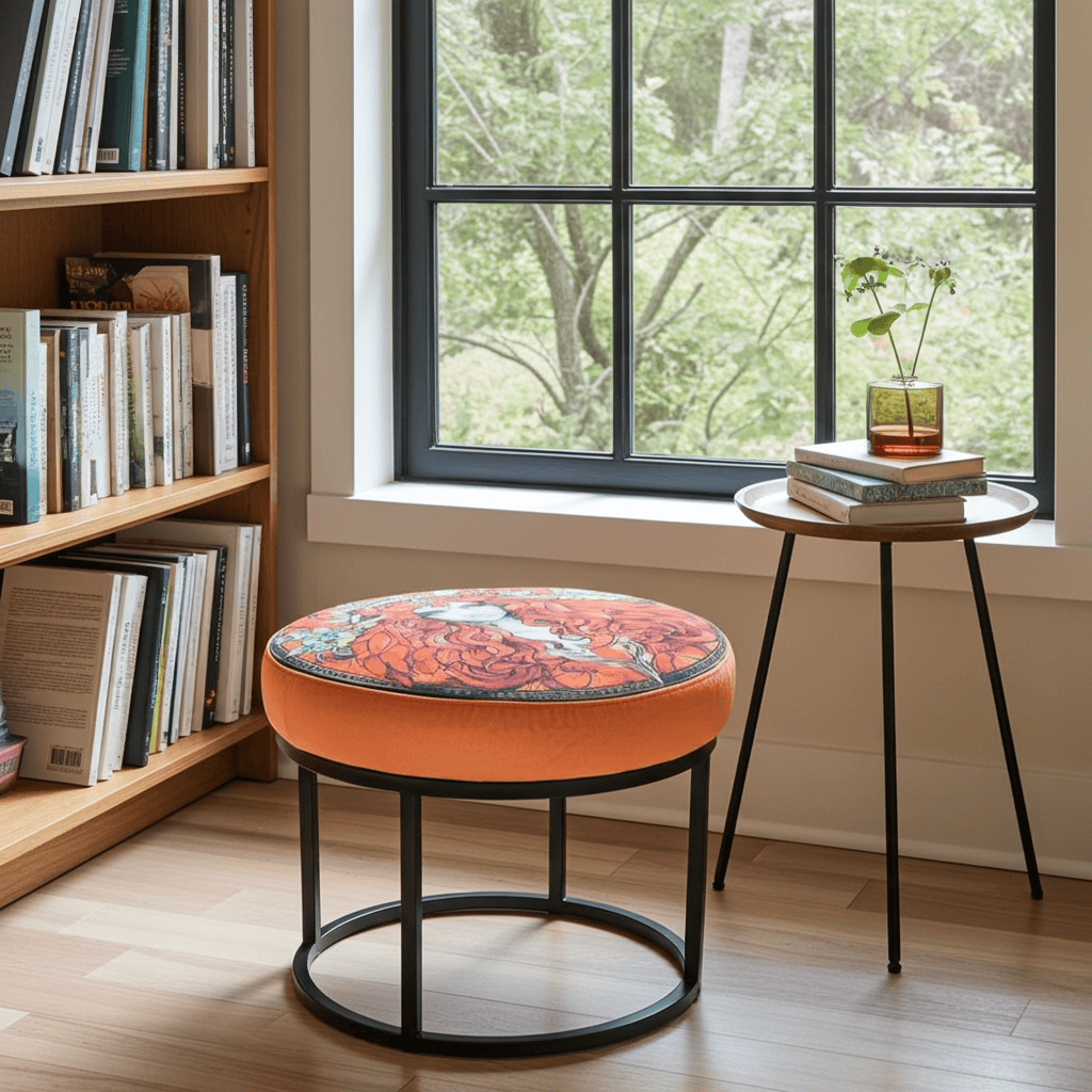 Round Orange Paisley Ottoman 60cm - Black Metal Frame