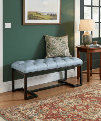 Metal-Framed Bench 100x40cm Light Grey Eco Leather & Black Frame