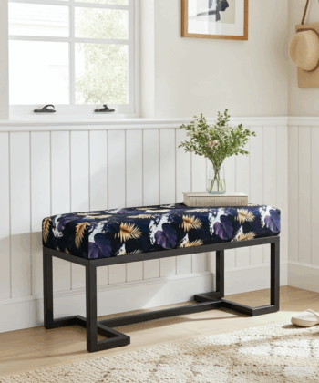 Metal-Framed Bench Black & Gold Botanical Velvet with Black