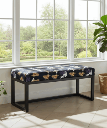 Navy Floral Wooden Bench 100x40cm – Black Alder Frame