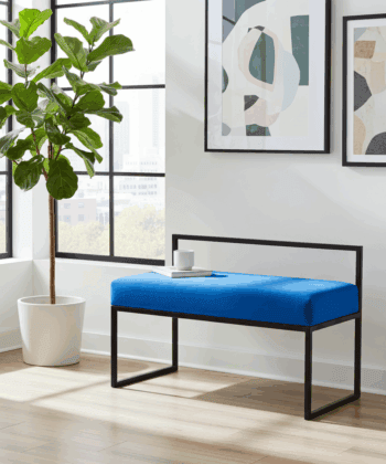 Blue Velour Bench with Backrest 100x40cm - Black Steel Frame