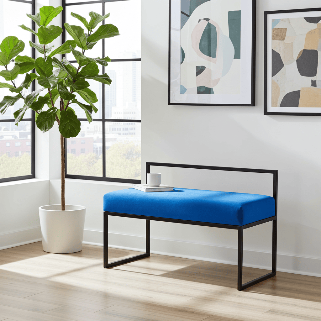 Blue Velour Bench with Backrest 100x40cm - Black Steel Frame