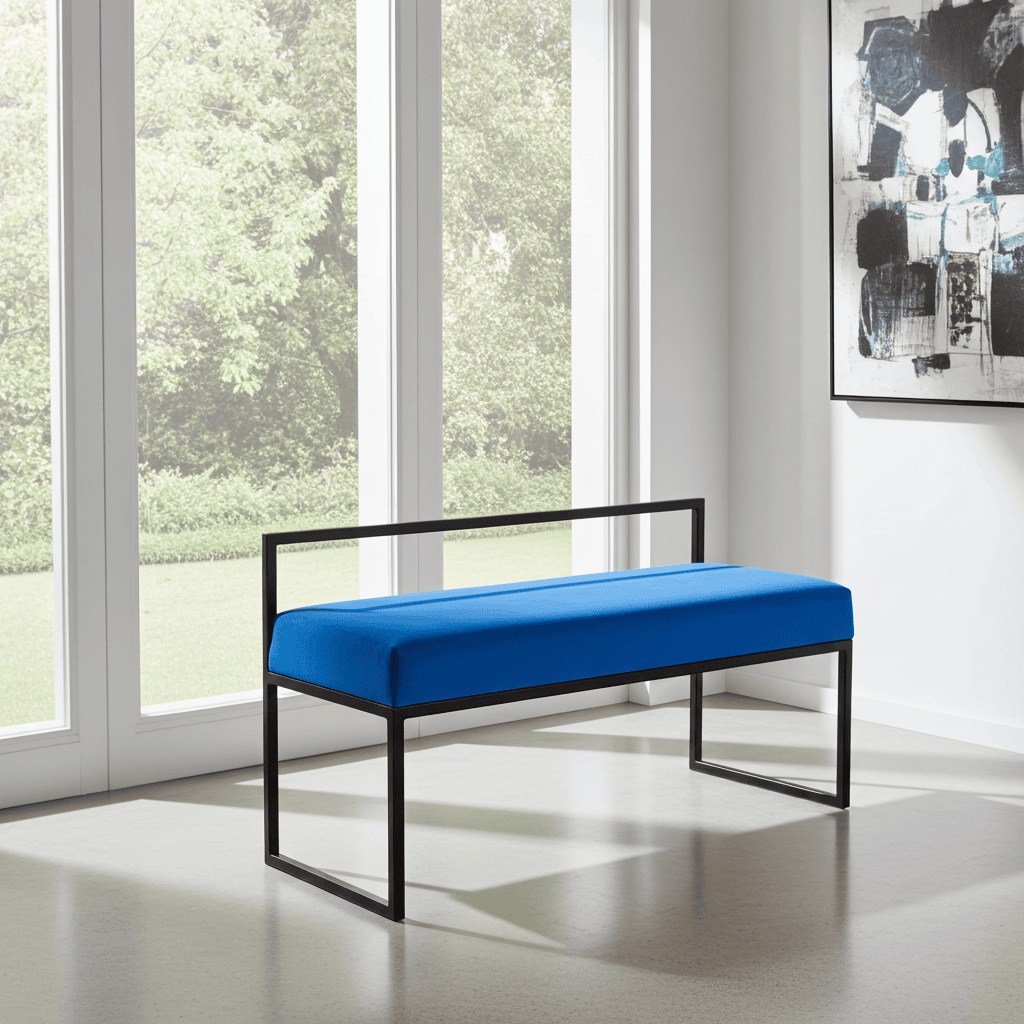 Blue Velour Bench with Backrest 100x40cm - Black Steel Frame
