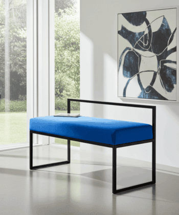 Blue Velour Bench with Backrest 100x40cm - Black Steel Frame