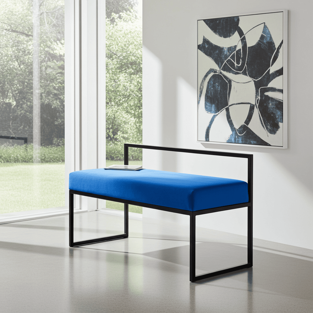 Blue Velour Bench with Backrest 100x40cm - Black Steel Frame