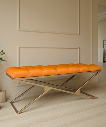 Eco Leather Bench – Gold Powder-Coated Metal,Heavy Duty