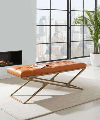 Eco Leather Bench – Gold Powder-Coated Metal,Heavy Duty