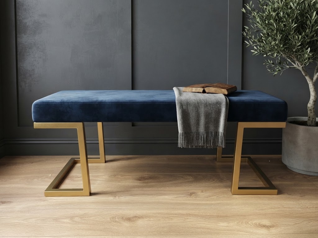 Elegant Teal Blue Bench with Gold Metal Frame