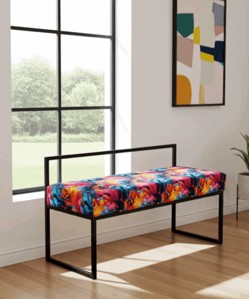 Floral Velour Bench with Backrest 100x40cm - Black Metal Frame