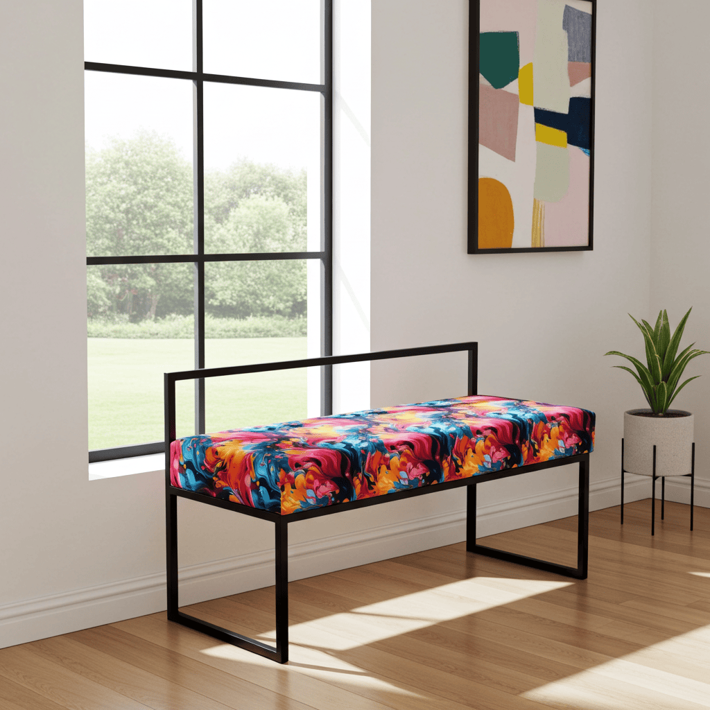 Floral Velour Bench with Backrest 100x40cm - Black Metal Frame