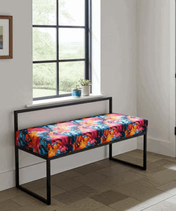 Floral Velour Bench with Backrest 100x40cm - Black Metal Frame