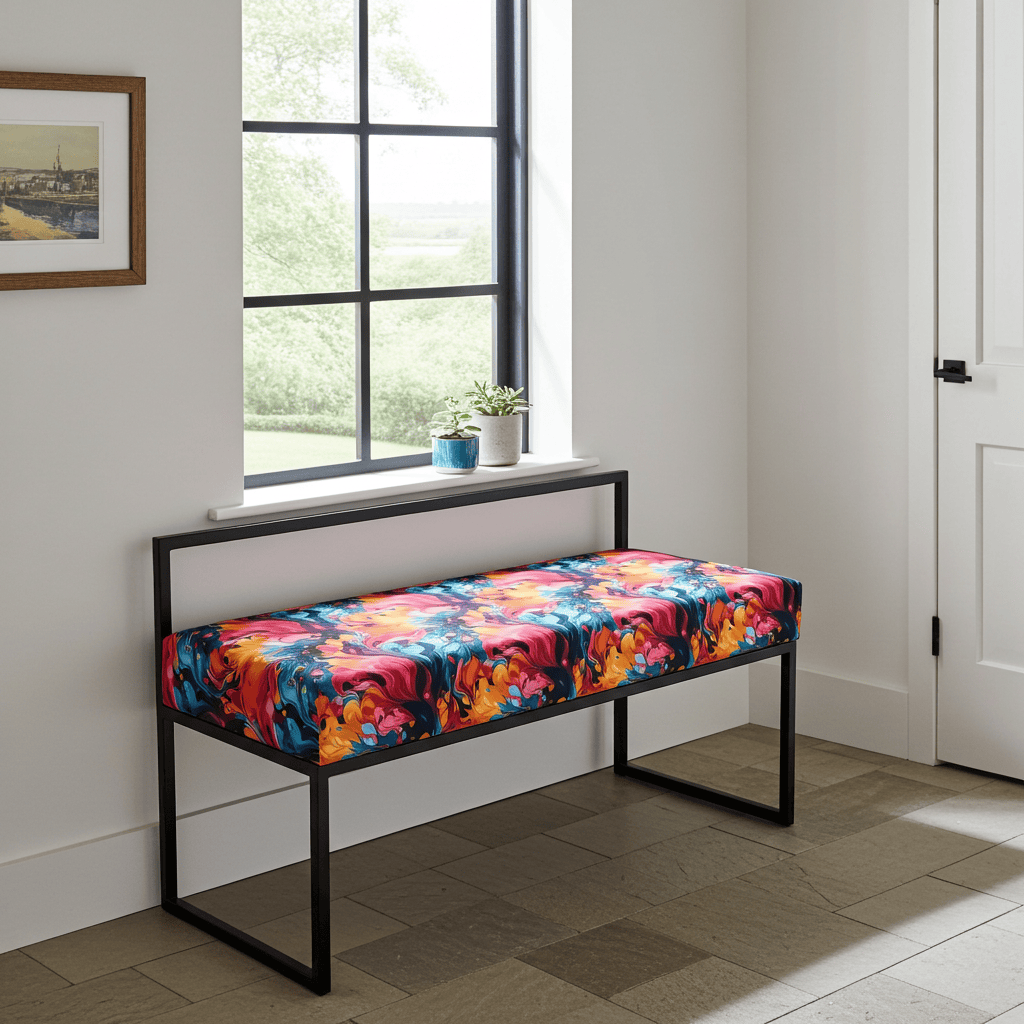 Floral Velour Bench with Backrest 100x40cm - Black Metal Frame
