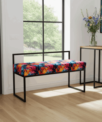 Floral Velour Bench with Backrest 100x40cm - Black Metal Frame