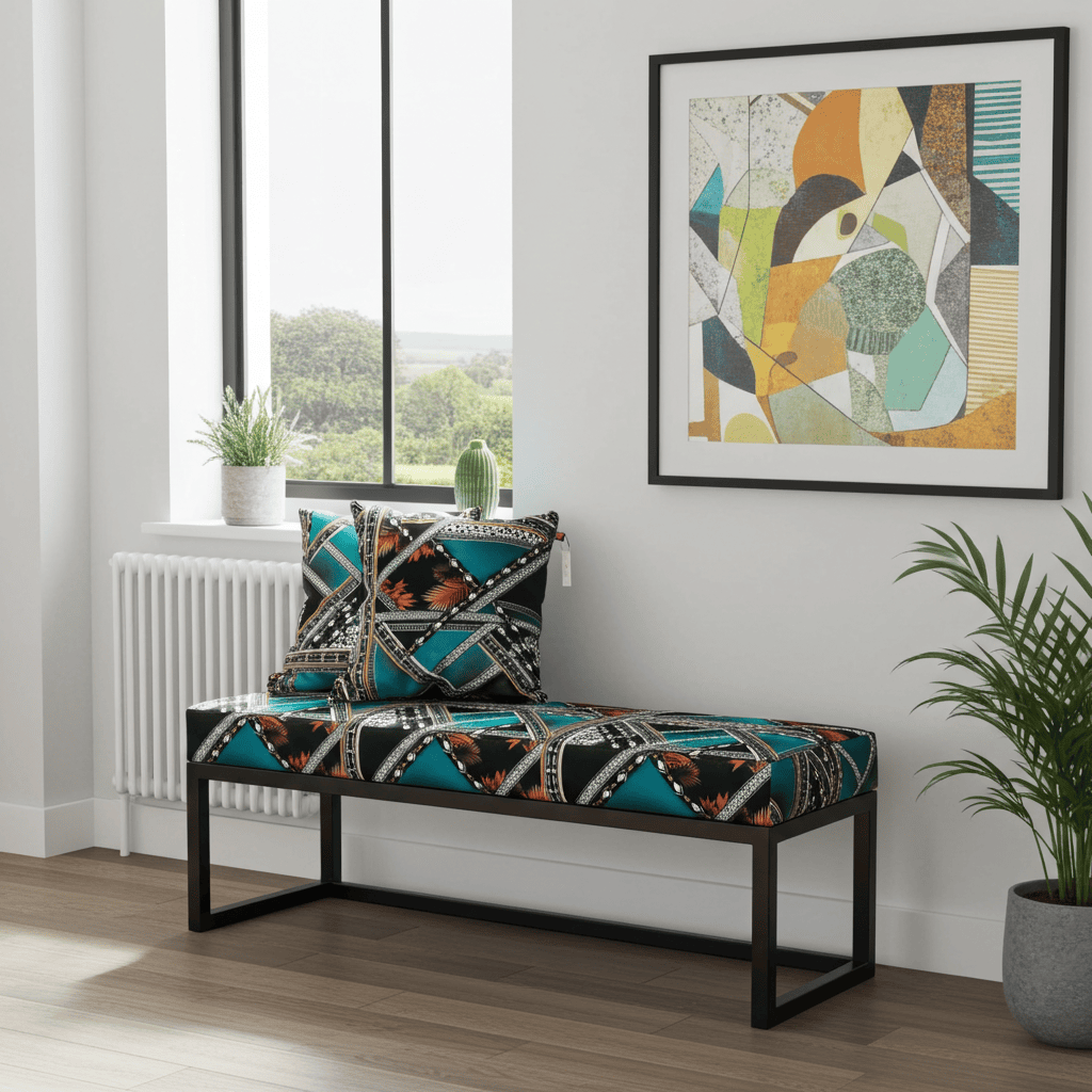 Geometric Patterned Bench 120x40cm - Black Metal Frame