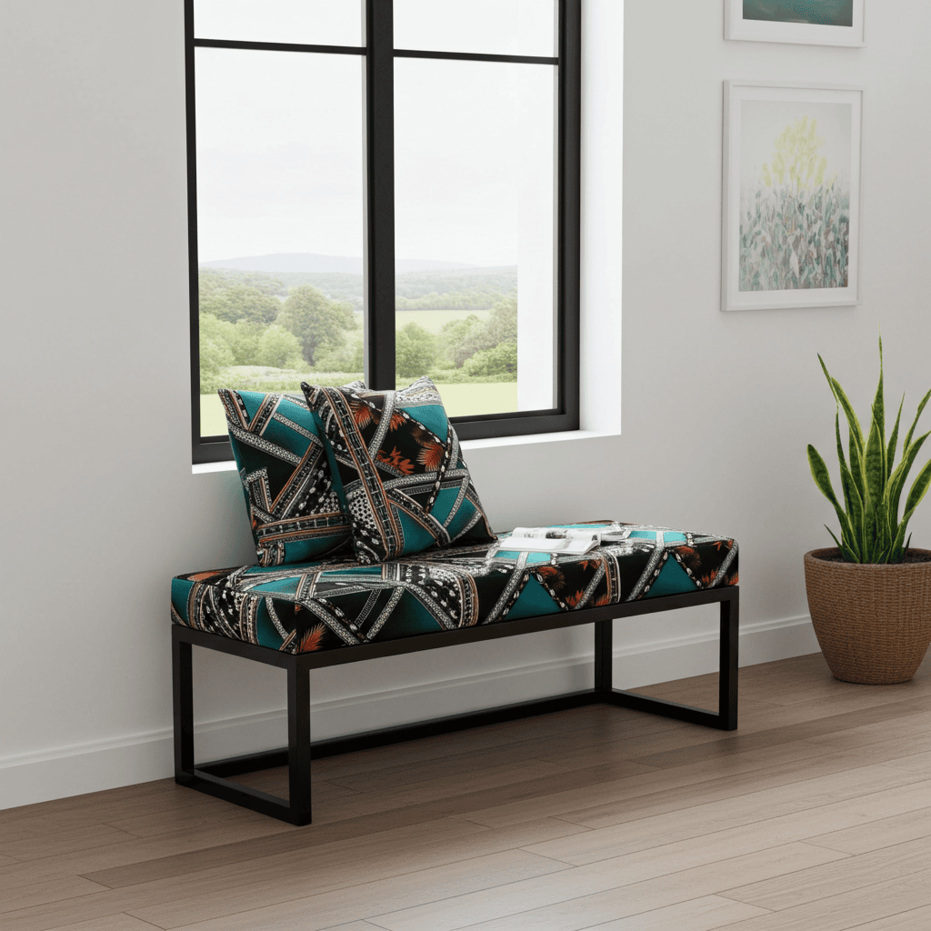 Geometric Patterned Bench 120x40cm - Black Metal Frame