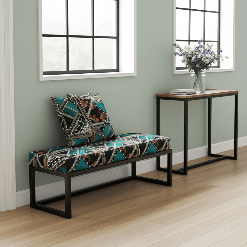 Geometric Patterned Bench 120x40cm - Black Metal Frame