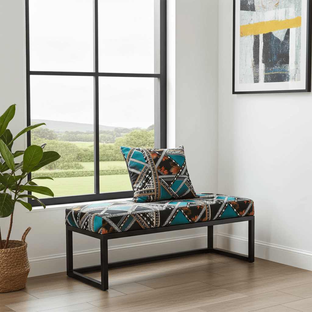 Geometric Patterned Bench 120x40cm - Black Metal Frame