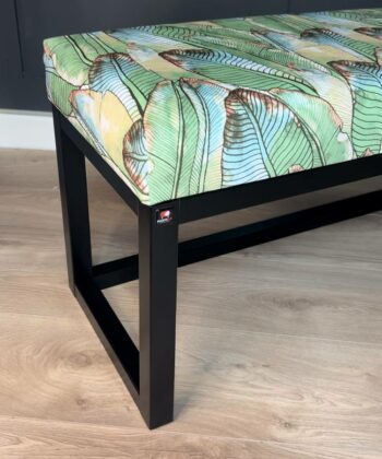 Green Tropical Leaf Wooden Bench 100x40cm Black Alder Frame