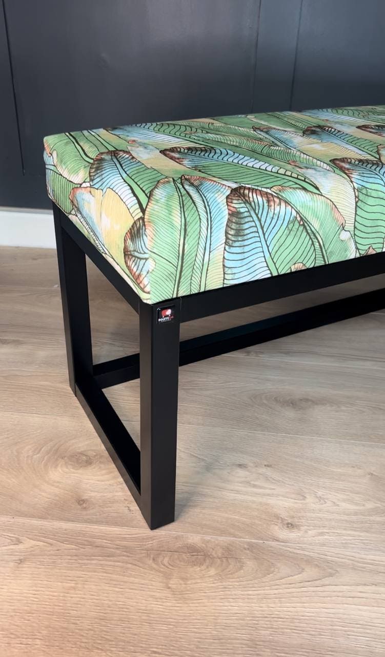 Green Tropical Leaf Wooden Bench 100x40cm Black Alder Frame