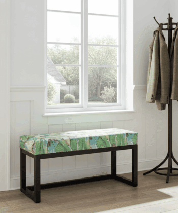 Green Tropical Leaf Wooden Bench 100x40cm Black Alder Frame