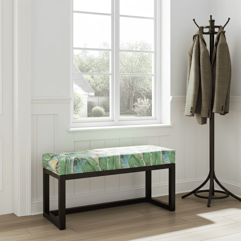 Green Tropical Leaf Wooden Bench 100x40cm Black Alder Frame