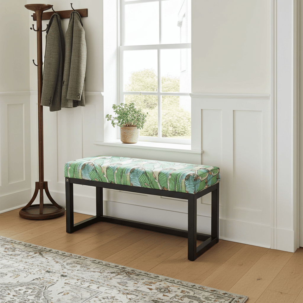 Green Tropical Leaf Wooden Bench 100x40cm Black Alder Frame