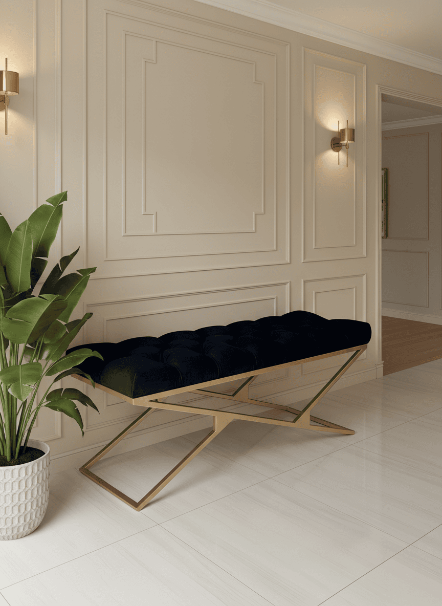 Luxury Velvet Bench with Gold Frame Handmade Double X-Style