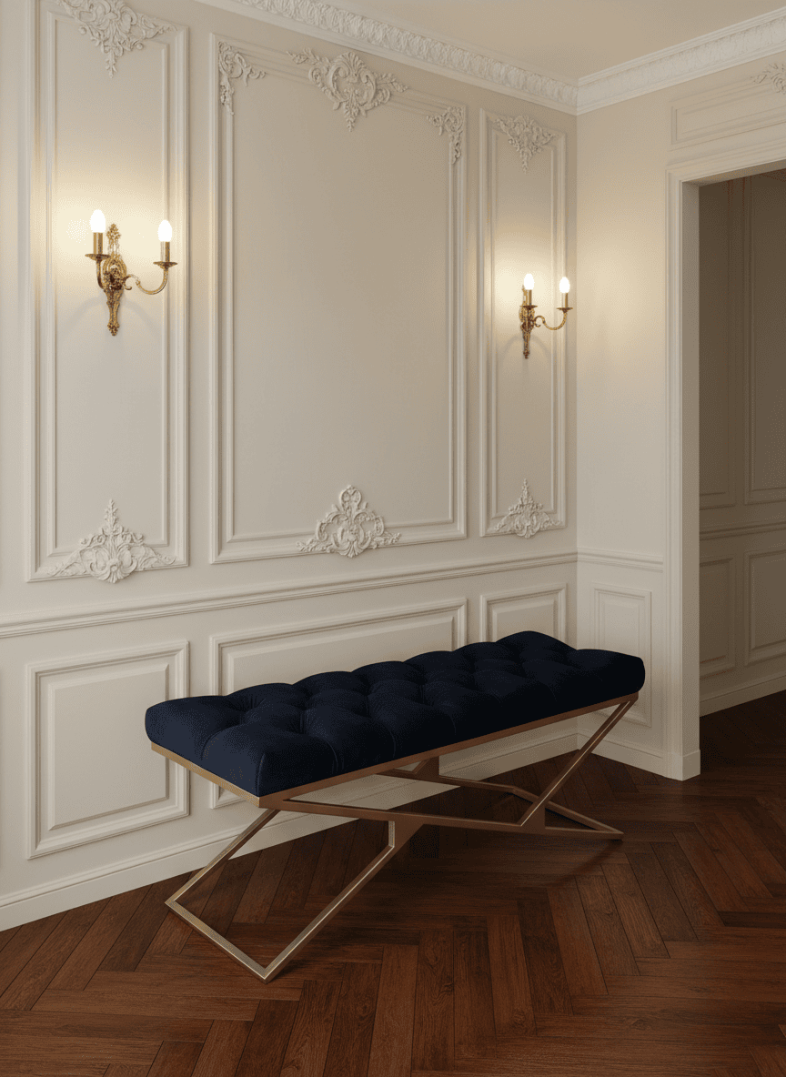 Luxury Velvet Bench with Gold Frame Handmade Double X-Style