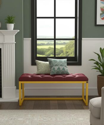 Metal-Framed Bench 100x30cm Burgundy Tufted Seat & Yellow