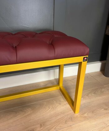Metal-Framed Bench 100x30cm Burgundy Tufted Seat & Yellow