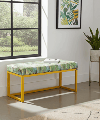 Metal-Framed Bench 100x30cm – Green Botanical Velvet & Yellow