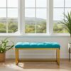 Metal-Framed Bench 100x30cm – Turquoise Velvet & Yellow Frame