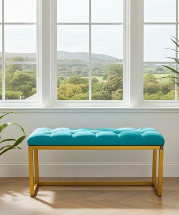 Metal-Framed Bench 100x30cm – Turquoise Velvet & Yellow Frame