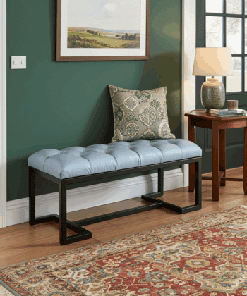 Metal-Framed Bench 100x40cm Light Grey Eco Leather & Black Frame