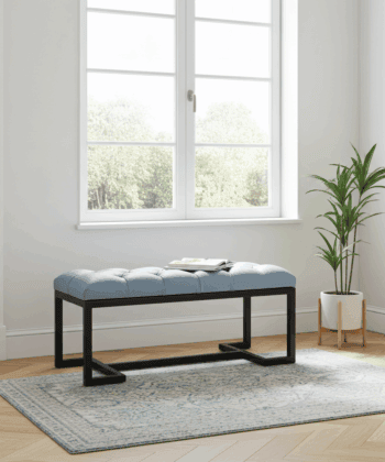 Metal-Framed Bench 100x40cm Light Grey Eco Leather & Black Frame