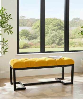 Metal-Framed Bench 100x40cm – Mustard Velvet & Black Frame