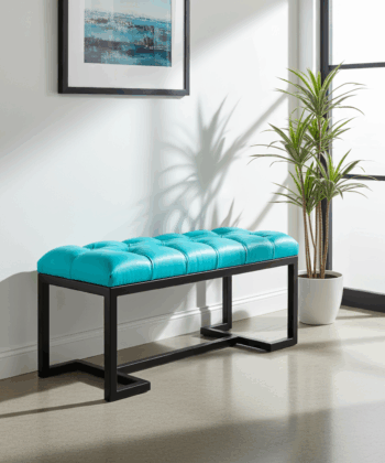 Metal-Framed Bench 100x40cm – Turquoise Velvet & Black Frame