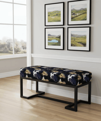 Metal-Framed Bench Black & Gold Botanical Velvet with Black